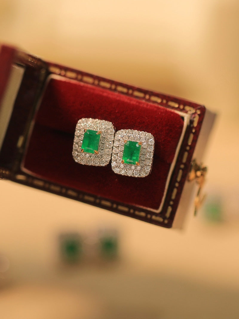 18K White Gold Natural Diamond and Emerald Halo Earrings for Women