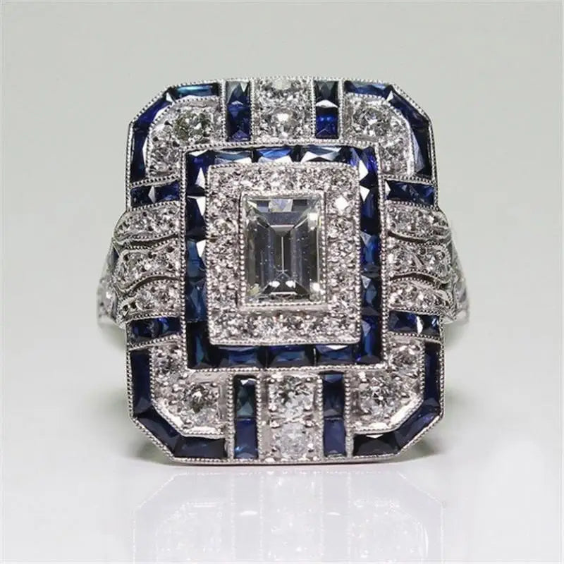 925 Sterling Silver Natural Zircon & Sapphire Crystals Square Ring for Couple