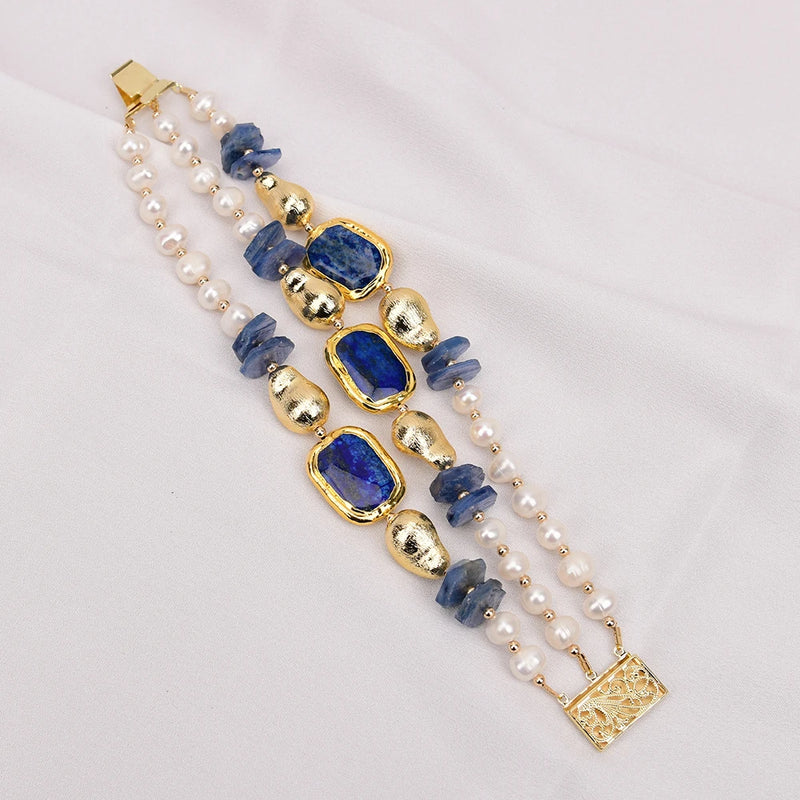 Gold Plated Kyanite, Pearl & Lapis Lazuli Bracelet for Lady