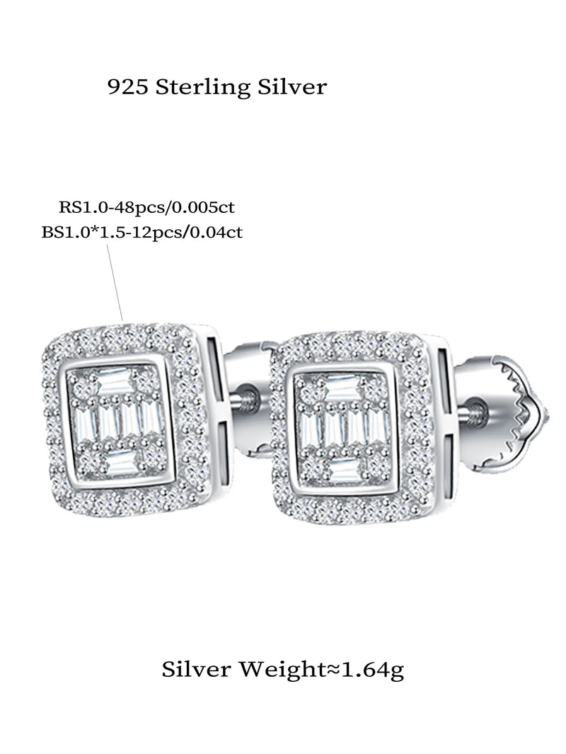 925 Silver Full Moissanite Rectangle/Round Stud Earrings for Women