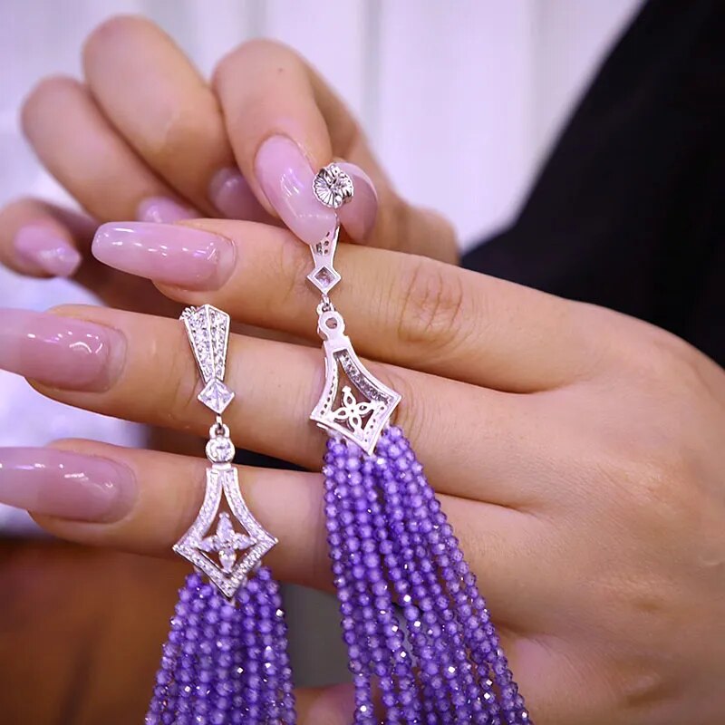 Silver Amethyst Beaded Tassel Earrings for Women