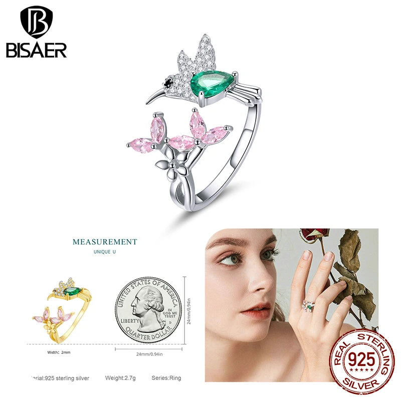 Sterling Silver Floral Bird Open Ring Flower Band, Adjustable Size 5-9, for Women