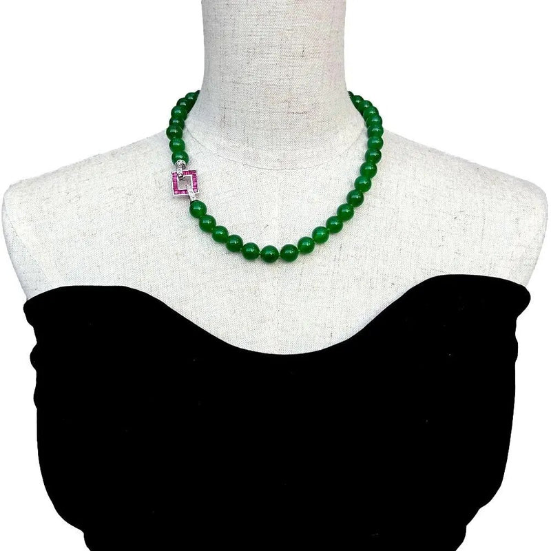 Sterling Silver Green Jade Necklace with Fuchsia CZ Pave Clasp for Women