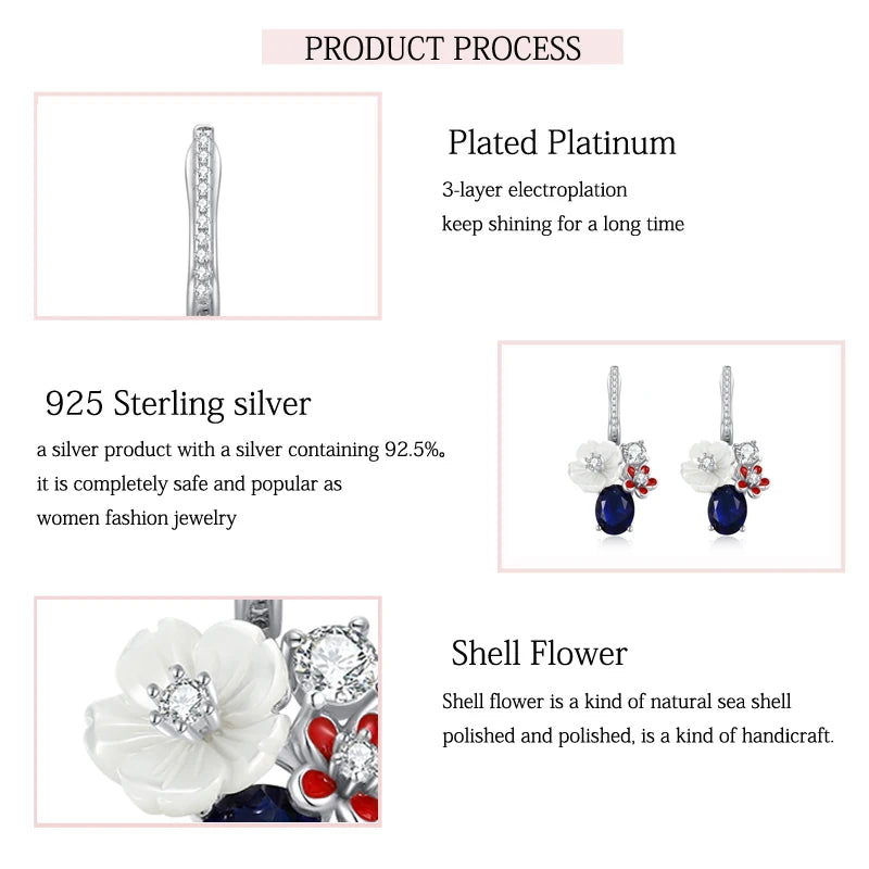 Sterling Silver White Shell Flower Earrings with Zircon for Women