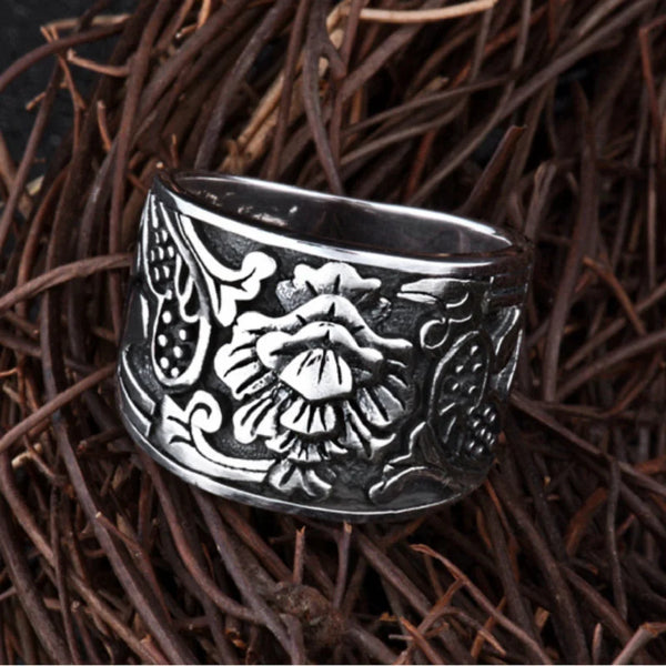 Sterling Silver Carved Flower Wide Ring Band for Men