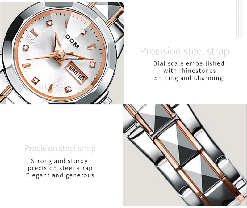 Stainless Steel Mini Luminous Quartz Watch with Date and Week for Women