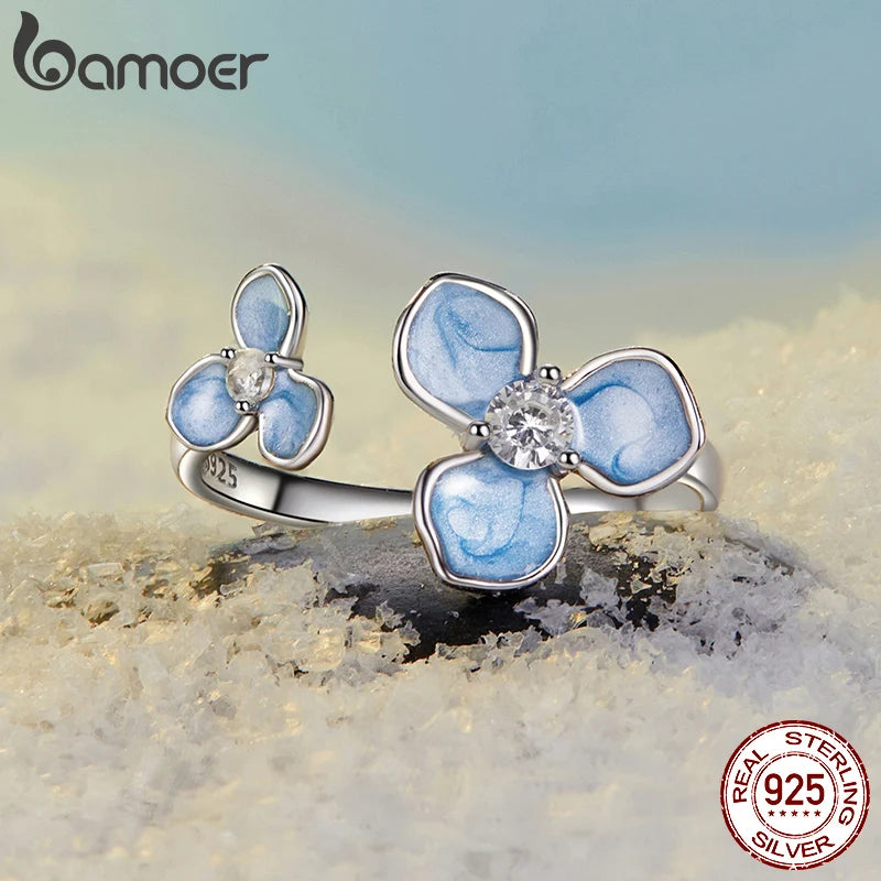 Sterling Silver Blue Flower Adjustable Ring for Her