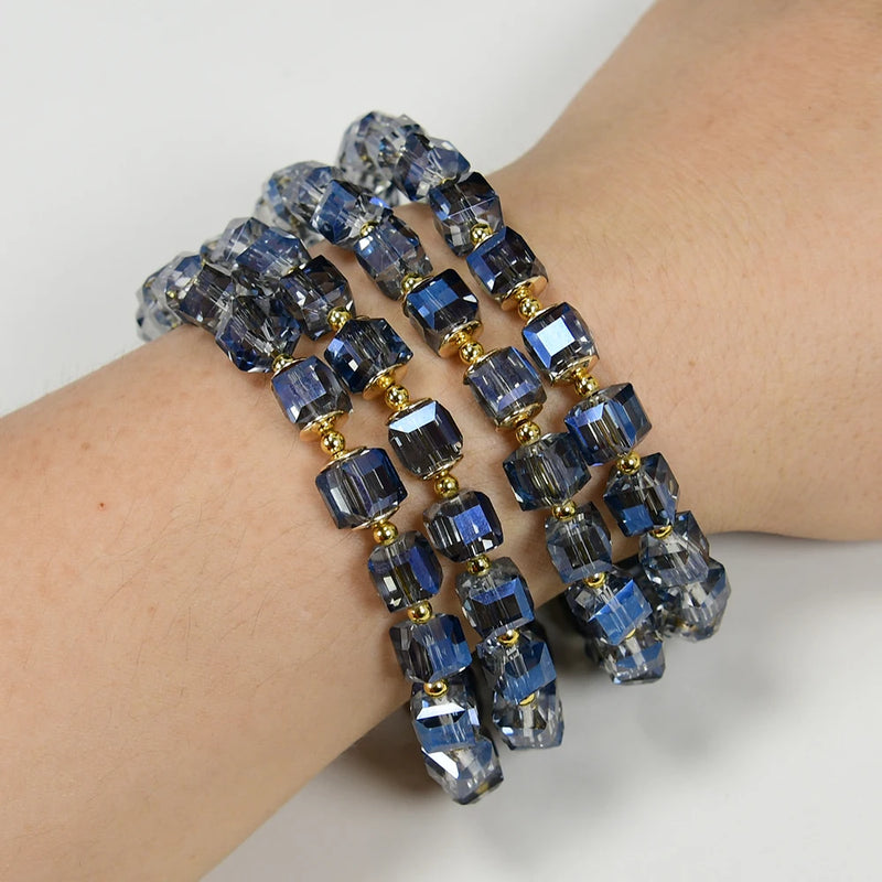 Sterling Silver Blue Crystal Square Cube Beaded Bracelet for Women