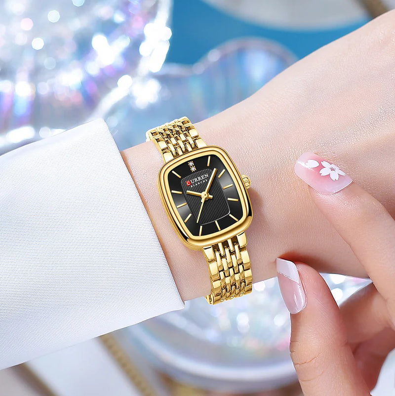 Gold Rectangular Dial Quartz Watch Bracelet for Lady