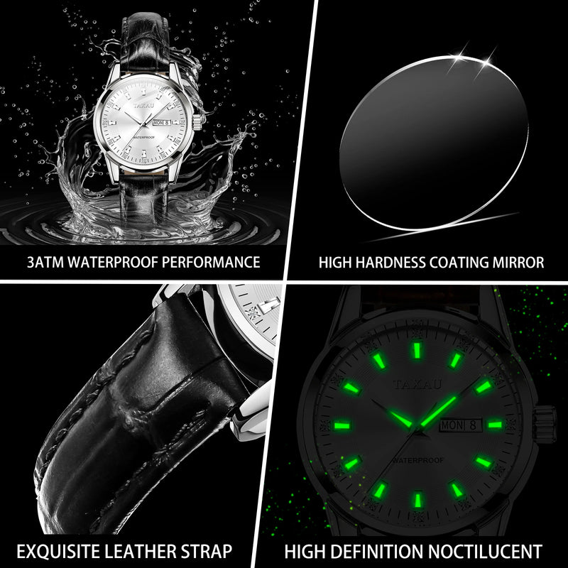 Stainless Steel Leather Casual Elegant Watch with Luminous Calendar, Waterproof for Women