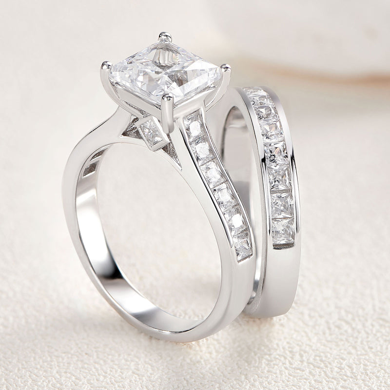 Sterling Silver Princess Cut Diamond Wedding Ring Set for Women