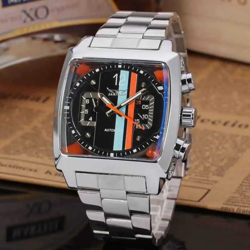 Stainless Steel Square Automatic Mechanical Watch with Date and Week for Men