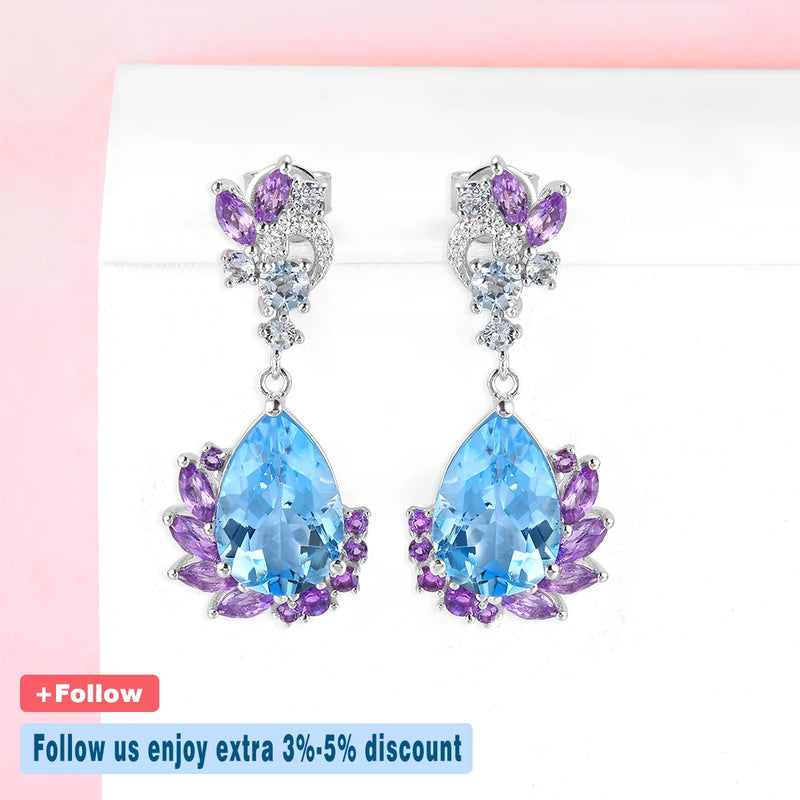 Sterling Silver Blue Topaz & Amethyst Drop Earrings 8.20 ctw for Women