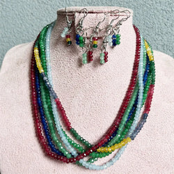 Sterling Silver Natural Emerald Ruby Sapphire Necklace and Earrings Set for Women