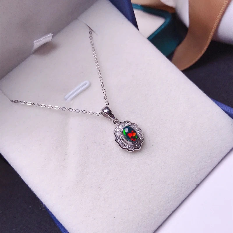 925 Silver Black Opal Necklace, Small with Beautiful Fire Colors