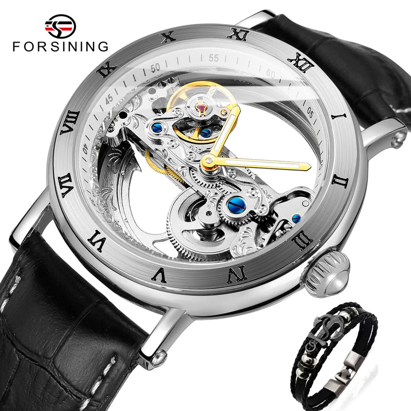 Stainless Steel Leather Transparent Skeleton Mechanical Watch with Luminous Hands for Men