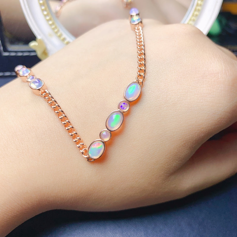 925 Sterling Silver Natural Opal Bracelet, 4-6mm and 3mm, for Women