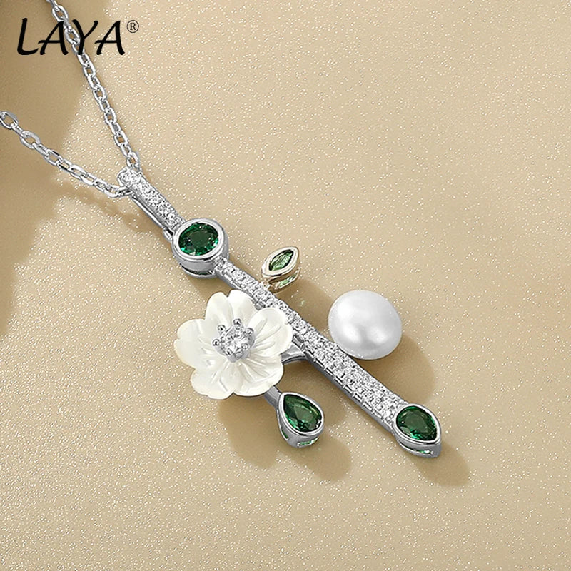 925 Sterling Silver Shell Flower Zircon Pearl Necklace for Women