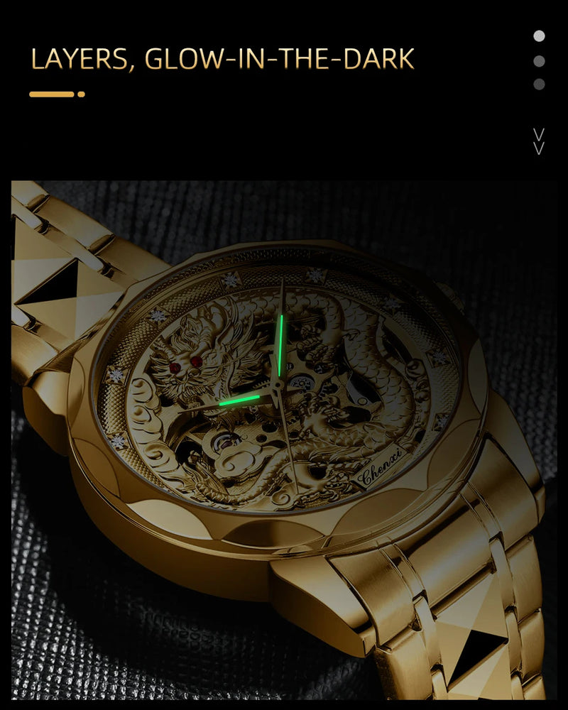 Gold Stainless steel 3D embossed dragon pattern automatic mechanical watch for Men