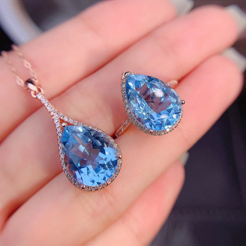 Sterling Silver Natural Sapphire Drop Pendant Necklace Set for Women