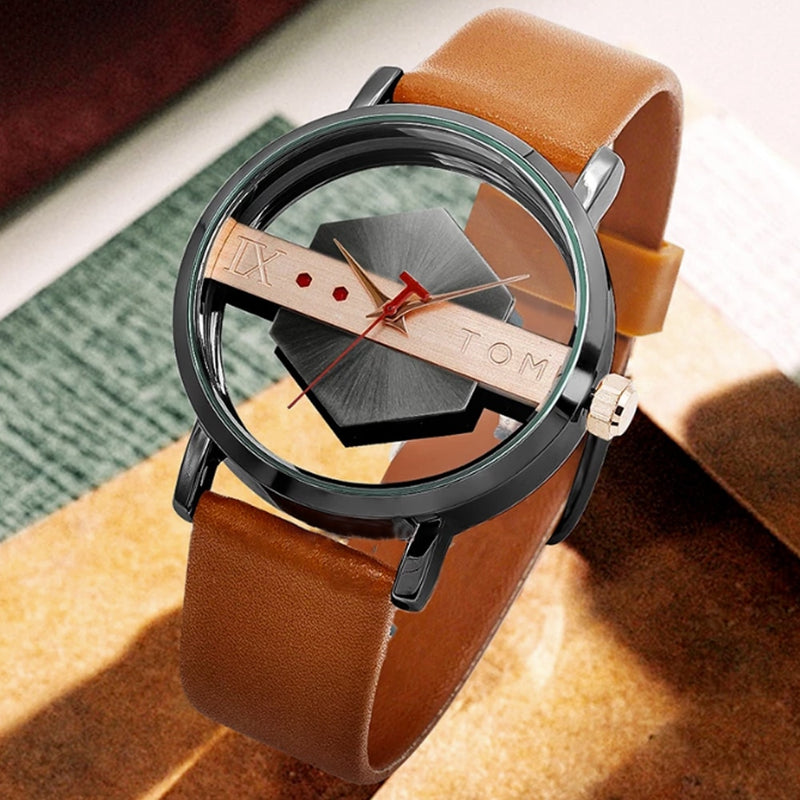 Stainless Steel Leather Half Transparent Unisex Watch