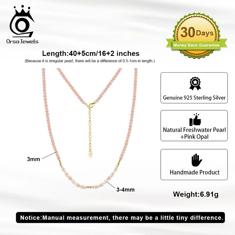 14K Gold Plated Pink Opal & Pearl Minimalist Necklace for Women