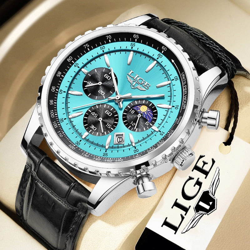 Stainless Steel Leather Quartz Chronograph Watch for Men