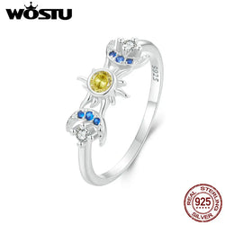 Sterling Silver Moon Sun Band Ring with Blue Yellow Zircon for Women