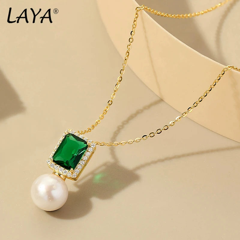 925 Sterling Silver Shell Pearl Pendant Necklace with Green Zircon for Women