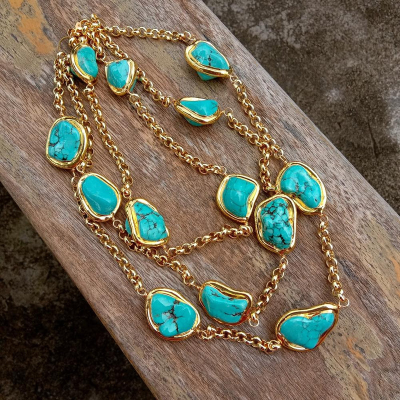 Y.YING 3 Rows Blue Turquoise Freeform Shape Gold Plated Chain Necklace