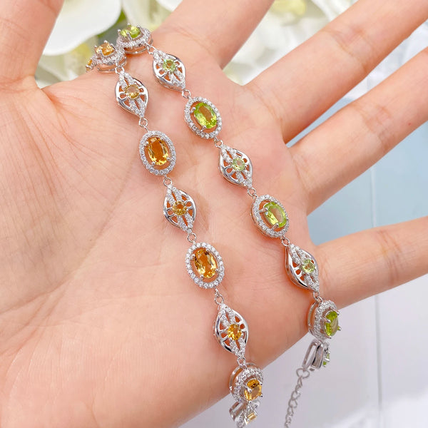 Sterling Silver Peridot Citrine CZ Geometric Chain Bracelet for Women