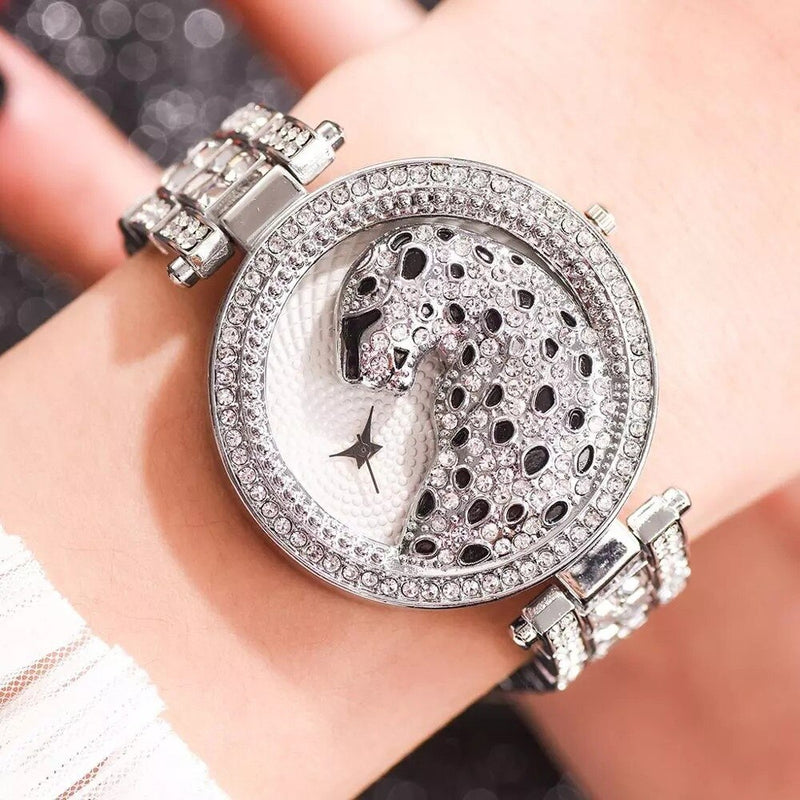 Gold Iced Out Diamond Leopard Print Watch for Women