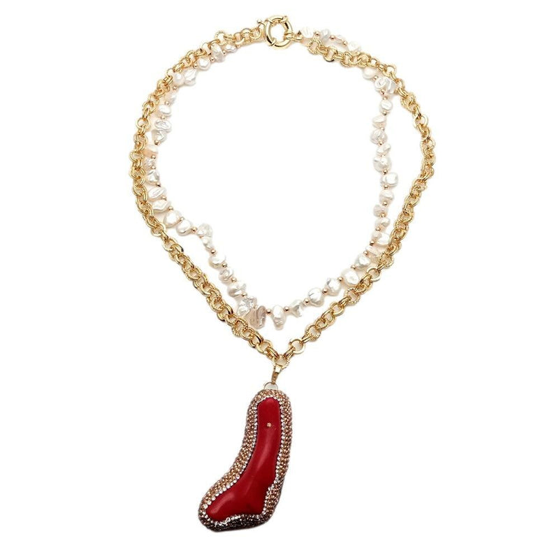 Y.YING Freshwater White Keshi Pearl Gold Plated Chain Choker Necklace Red Coral Branch Crystal Pave Pendant Designer
