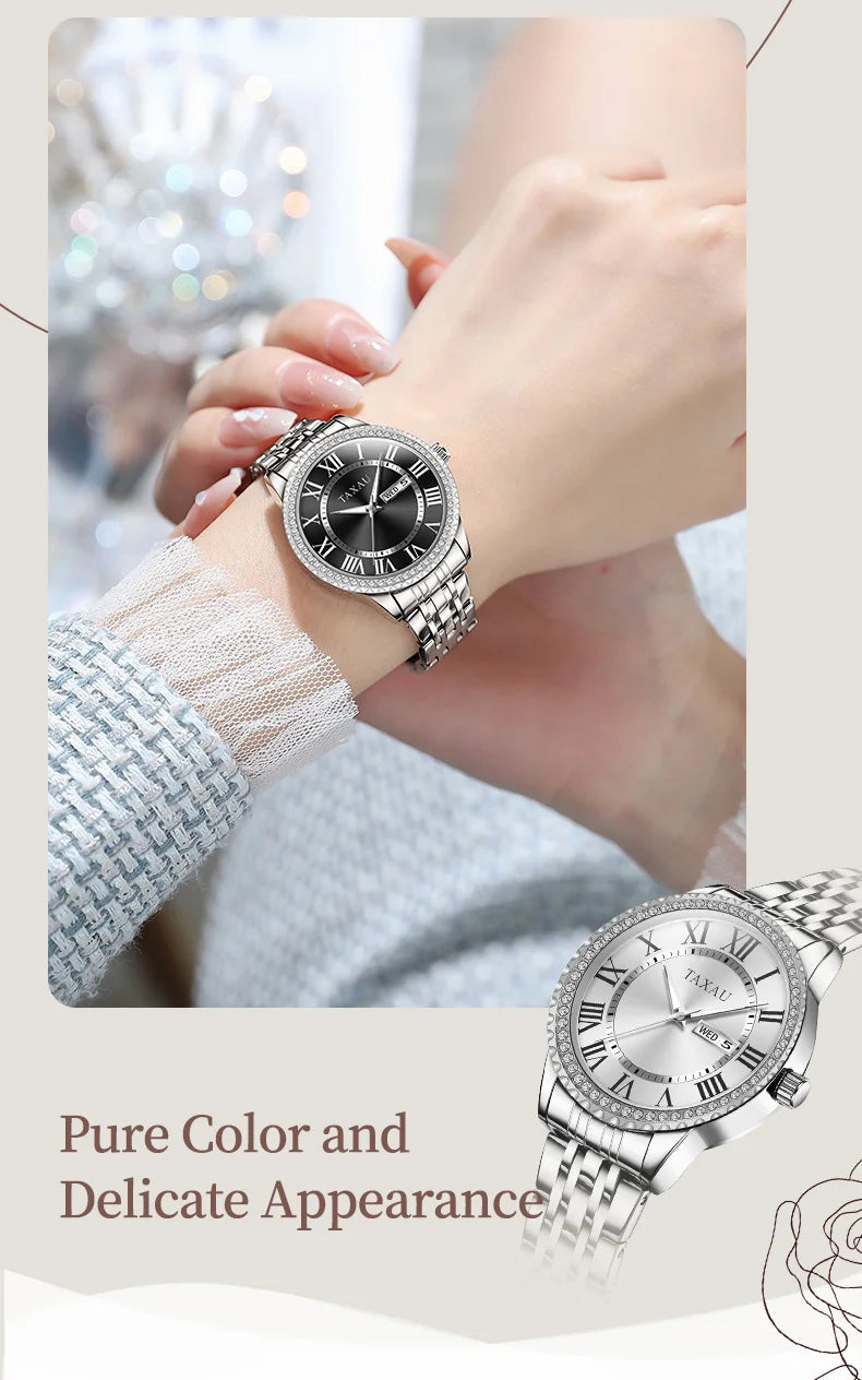 Stainless Steel Luxury Waterproof Luminous Quartz Calendar Watch for Women