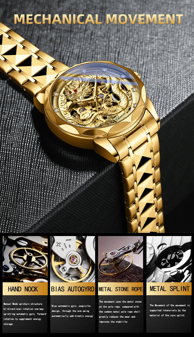 Gold Stainless steel 3D embossed dragon pattern automatic mechanical watch for Men