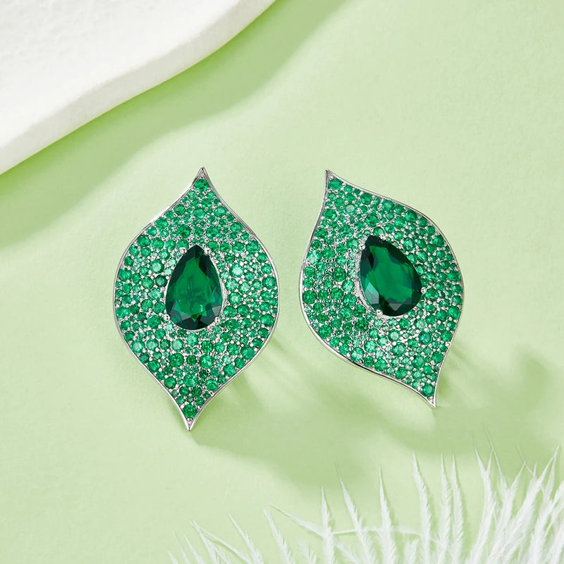 Sterling Silver Pear Cut Emerald Ruby Diamond Studs Earrings for women