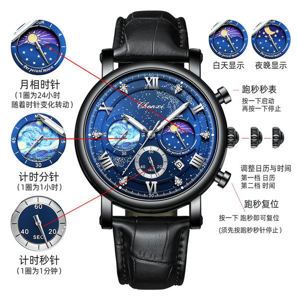 Stainless Steel Sun Stars & Moon Phase Quartz Watch for Men