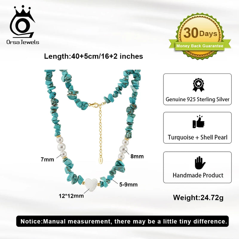 Sterling Silver Irregular Turquoise Necklace with Shell Pearl, Heart Pendant for Women