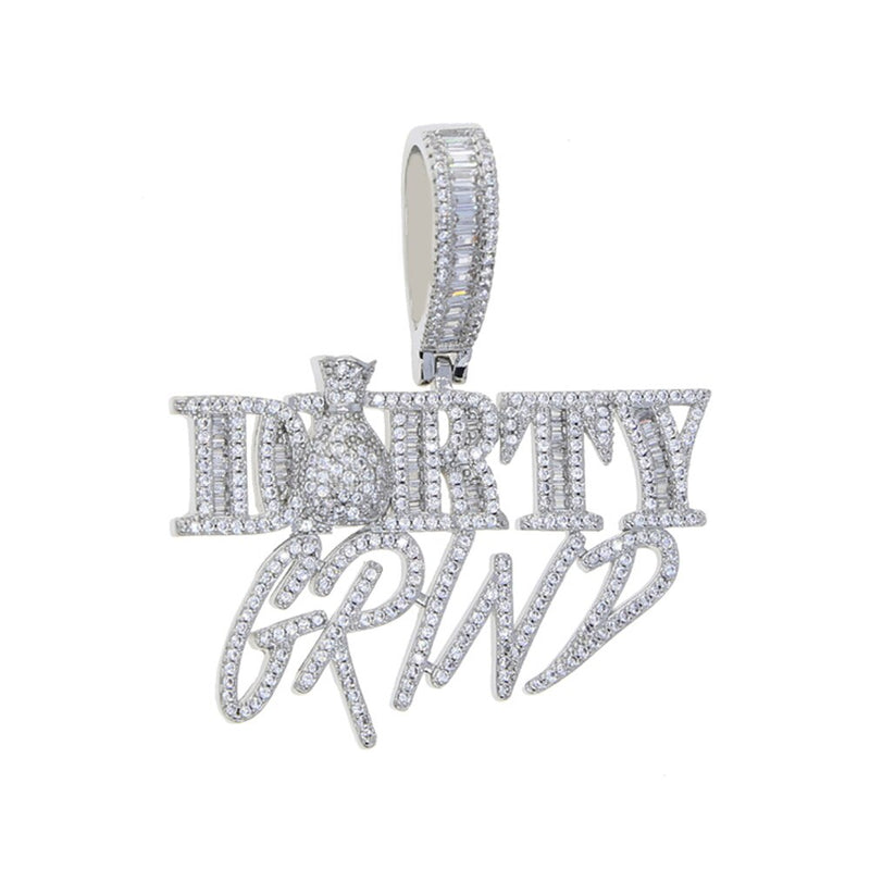 Silver Iced Out Bling Money Grind Pendant Necklace with Cubic Zirconia, Cursive Letters Charm for Men