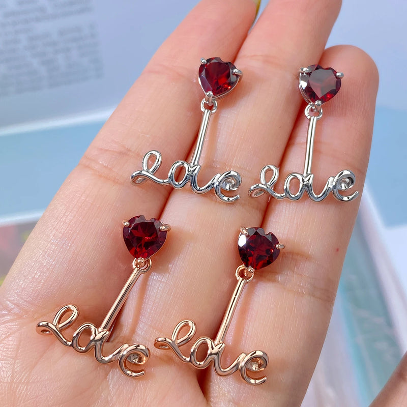 925 Sterling Silver Red Garnet Love Letter Drop Earrings for Women