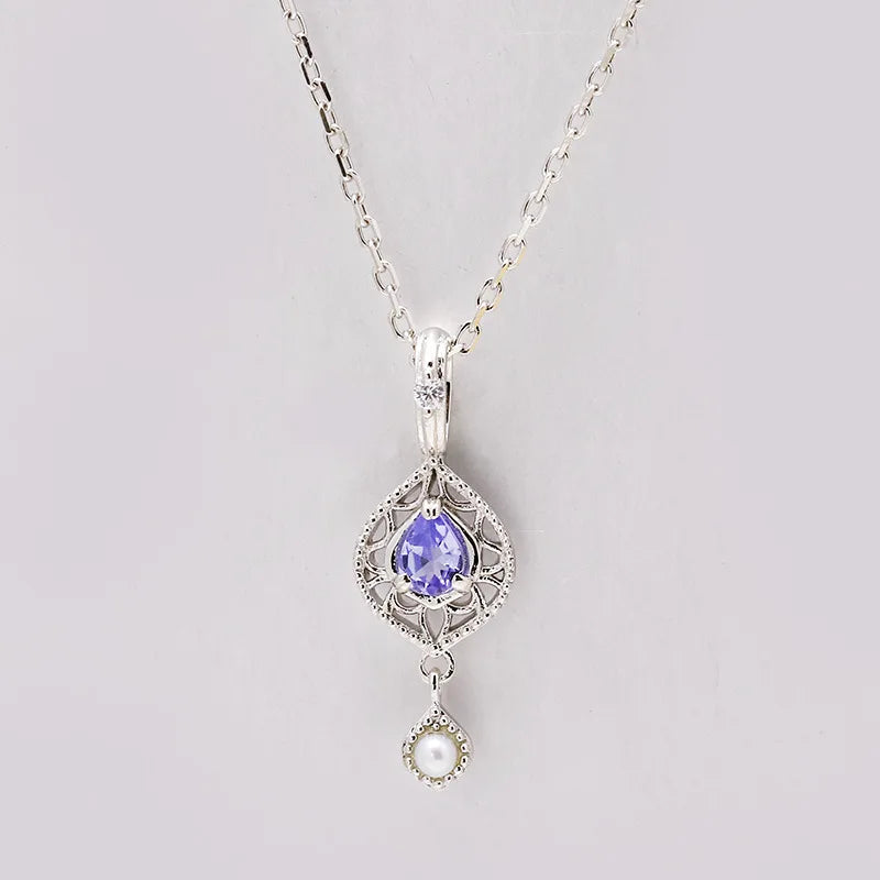 925 Sterling Silver Tanzanite Water Drop Pendant Necklace for Women