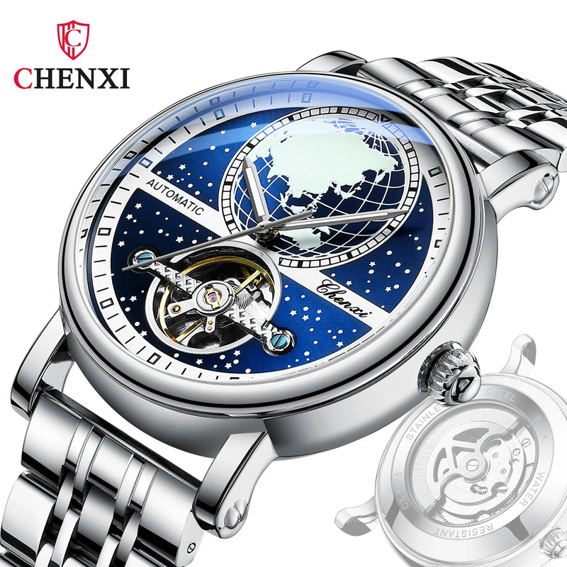 Stainless Steel Classic Map Dial Automatic Mechanical Waterproof Luminous Watch for Men