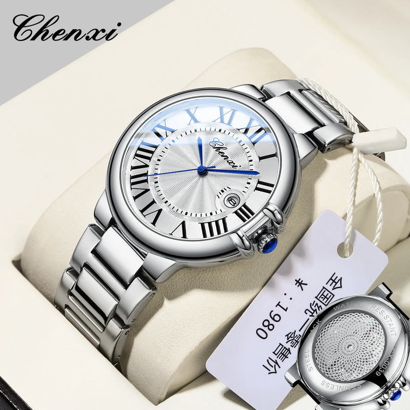 Stainless Steel Silver Waterproof Luminous Quartz Calendar Watch for Men