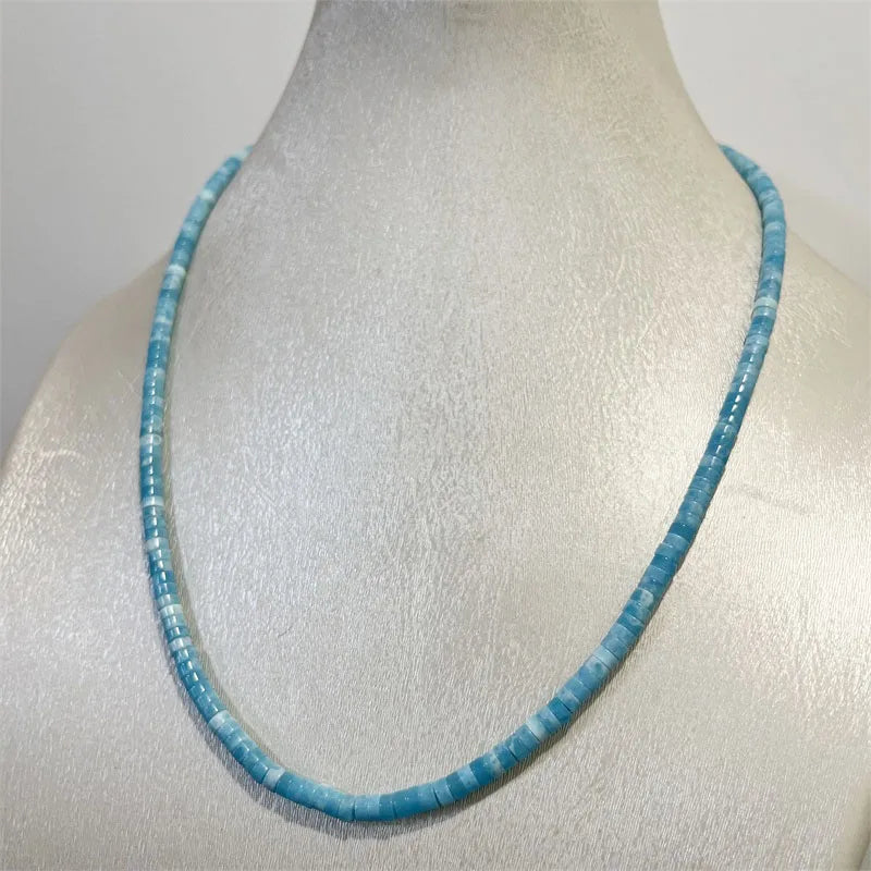 Silver Larimar Necklace, 2 ct, Sea Blue Vein, Multilayer Beaded Chain Choker for Women