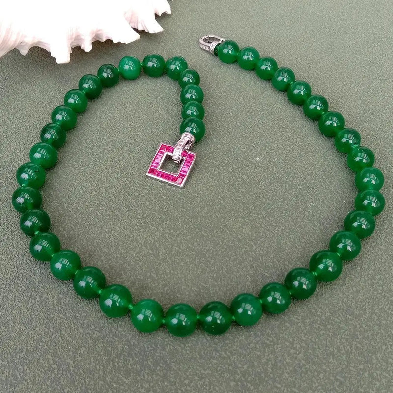 Sterling Silver Green Jade Necklace with Fuchsia CZ Pave Clasp for Women