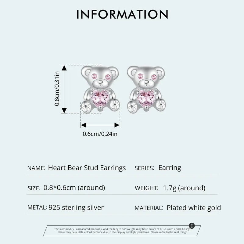 Solid 925 Sterling Silver Bear Stud Earrings for Women