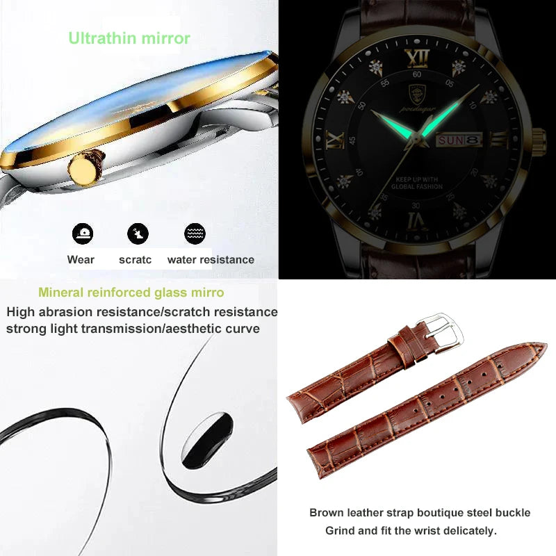 Stainless Steel Leather Waterproof Luminous Quartz Watch for Men