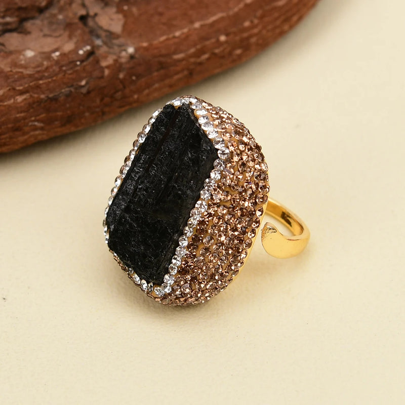 Silver Natural Black Tourmaline & CZ Crystal Paved Ring for Lady