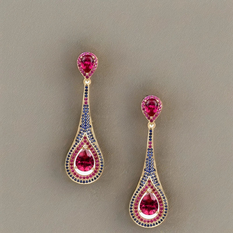 Silver 18k Gold Plated Pear Cut Ruby and Diamond Water Drop Earrings for Women