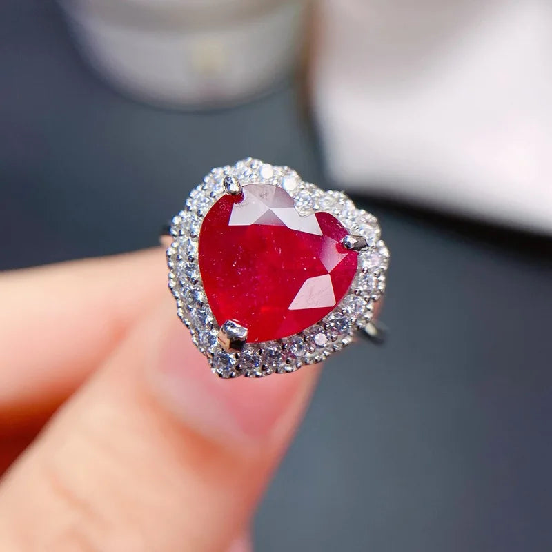 925 Sterling Silver Natural Real Ruby Heart Shape Ring for Women